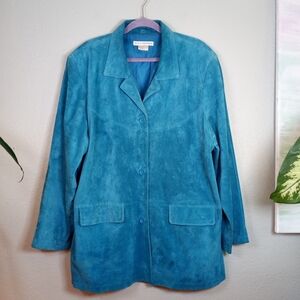 Jessica Holbrook Blue Suede Leather Bohemian Vintage Casual Southwestern Coat 2X